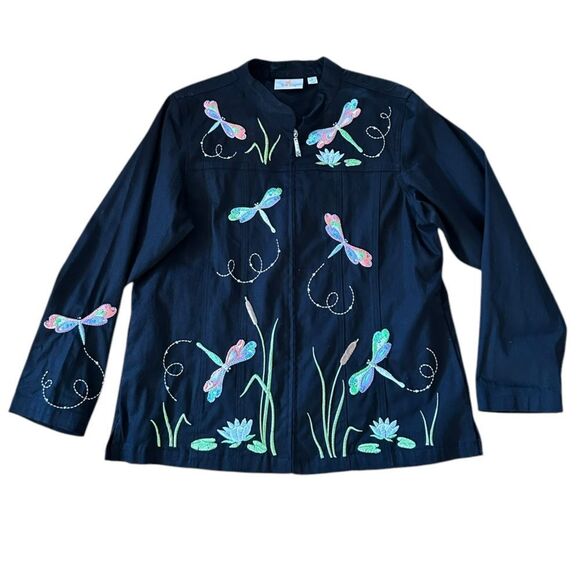 Vintage NWOT Quaker Factory Black Embroidered Dragon Fly Zip Front POCKET - Picture 4 of 9